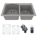 33" Top Mount Double Offset Bowl Quartz Composite Kitchen Sink Kit In Grey