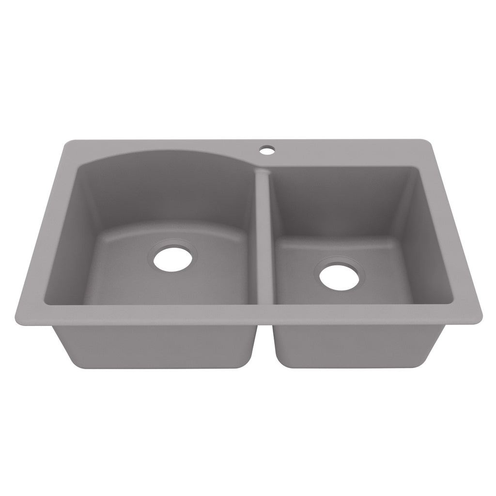 33" Top Mount Double Offset Bowl Quartz Composite Kitchen Sink In Grey