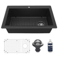 33" Top Mount Large Single Bowl Quartz Composite Kitchen Sink Kit In Black