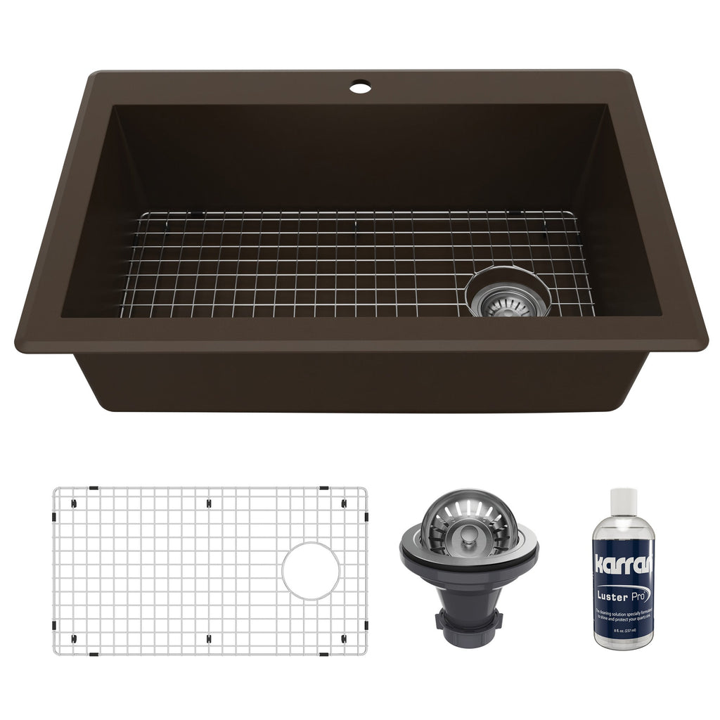 33" Top Mount Large Single Bowl Quartz Composite Kitchen Sink Kit In Brown