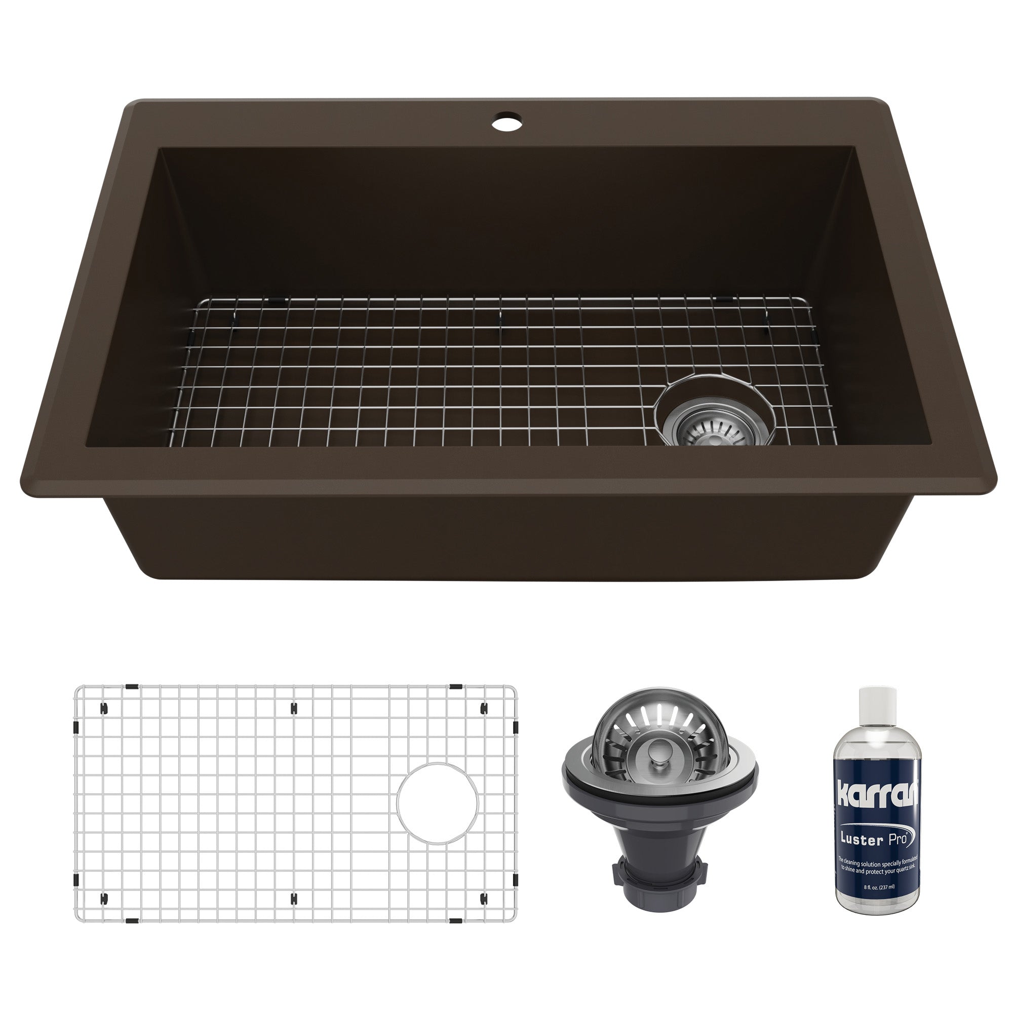 33" Top Mount Large Single Bowl Quartz Composite Kitchen Sink Kit In Brown