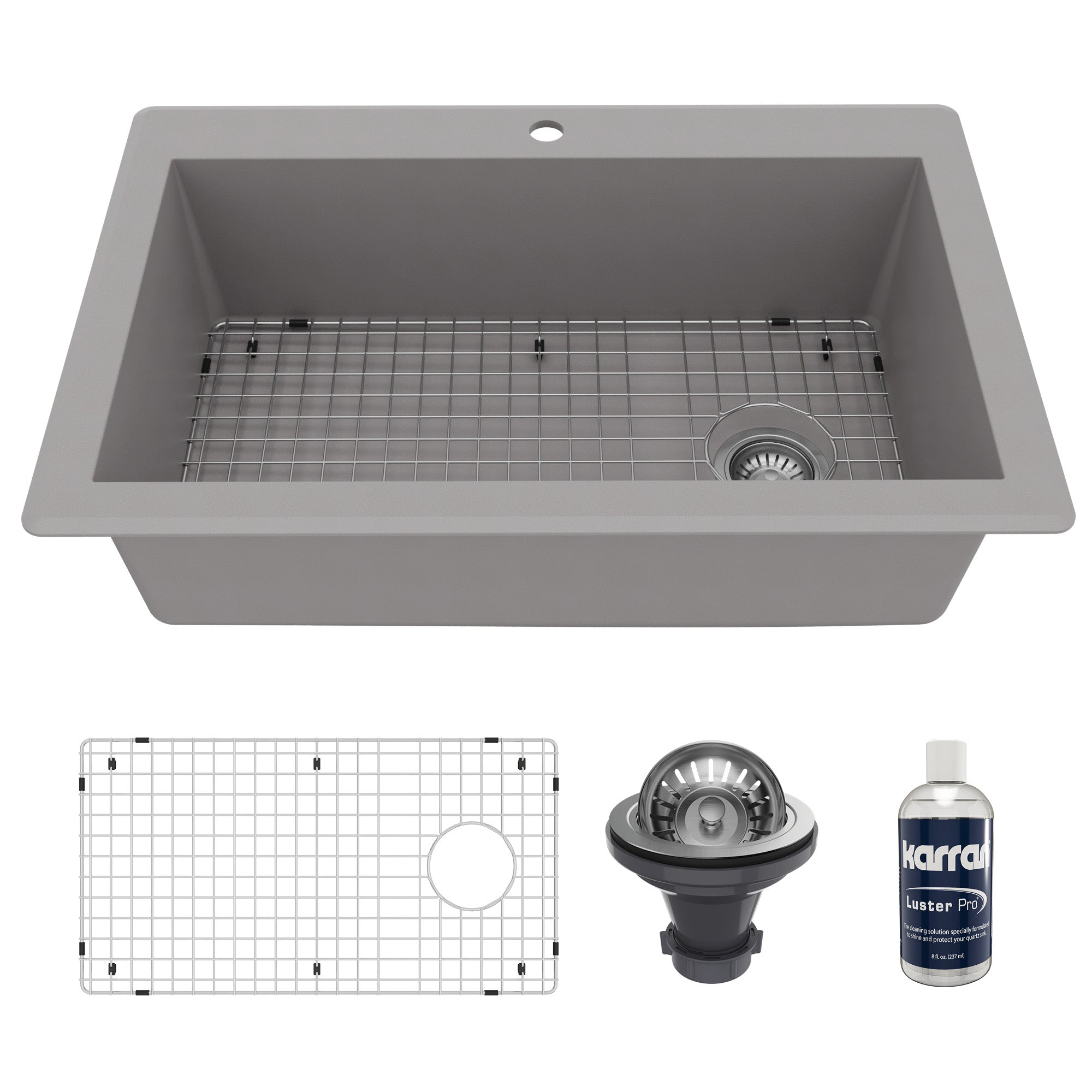 33" Top Mount Large Single Bowl Quartz Composite Kitchen Sink Kit In Grey