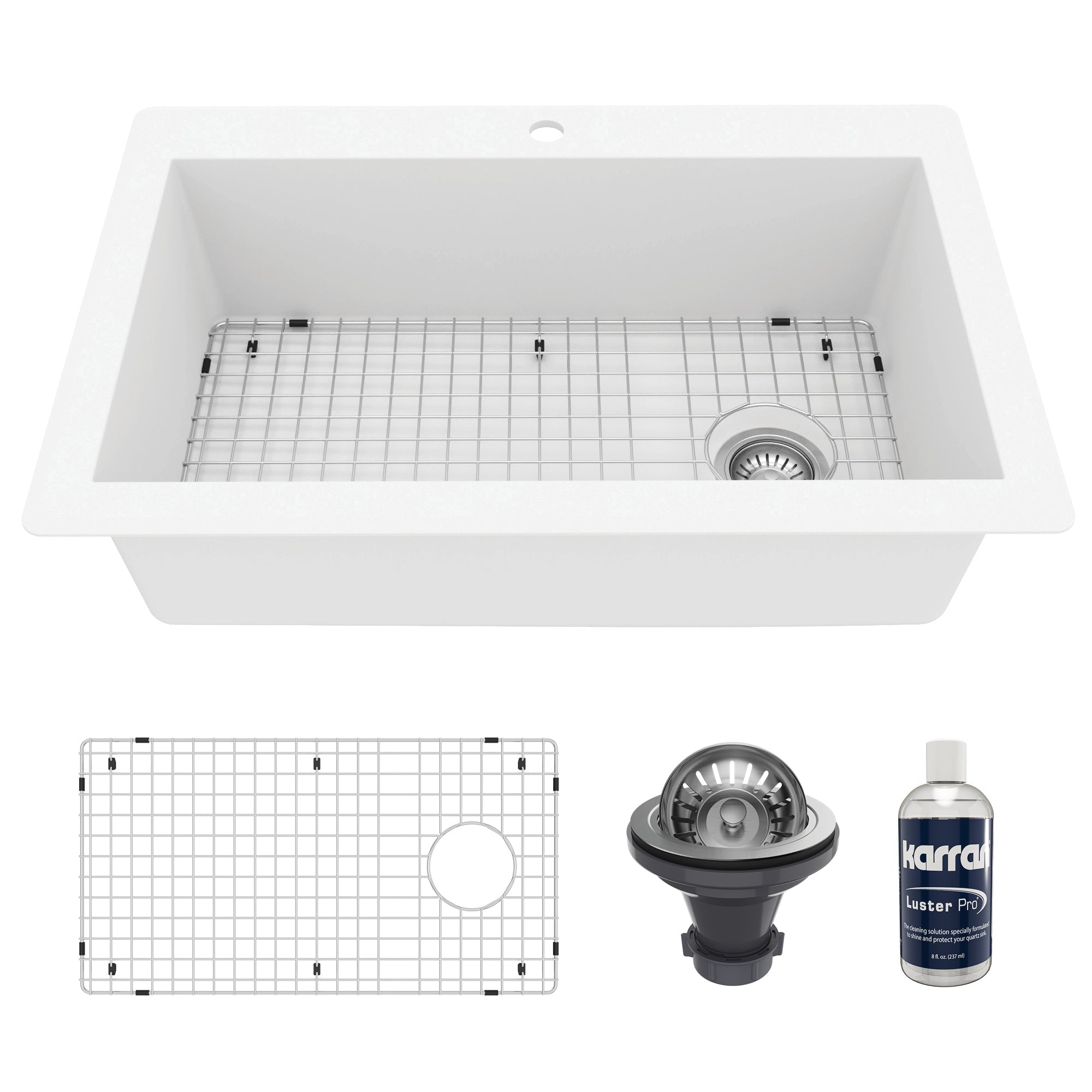 33" Top Mount Large Single Bowl Quartz Composite Kitchen Sink Kit In White