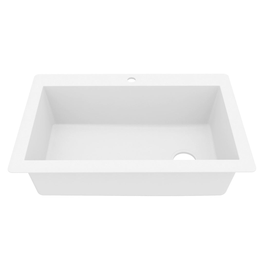 33" Top Mount Large Single Bowl Quartz Composite Kitchen Sink In White