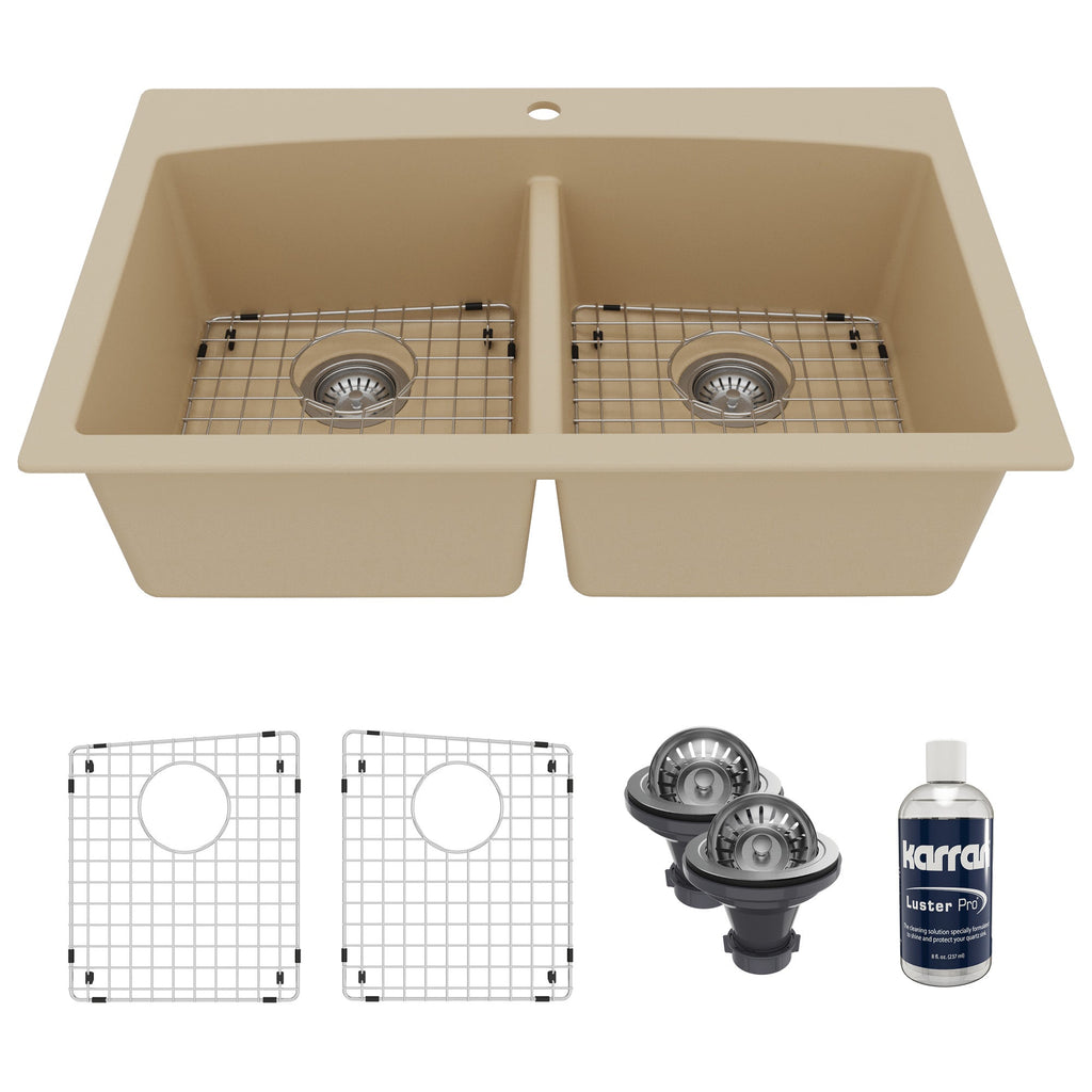 33" Top Mount Double Equal Bowl Quartz Composite Kitchen Sink Kit In Bisque