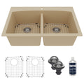 33" Top Mount Double Equal Bowl Quartz Composite Kitchen Sink Kit In Bisque