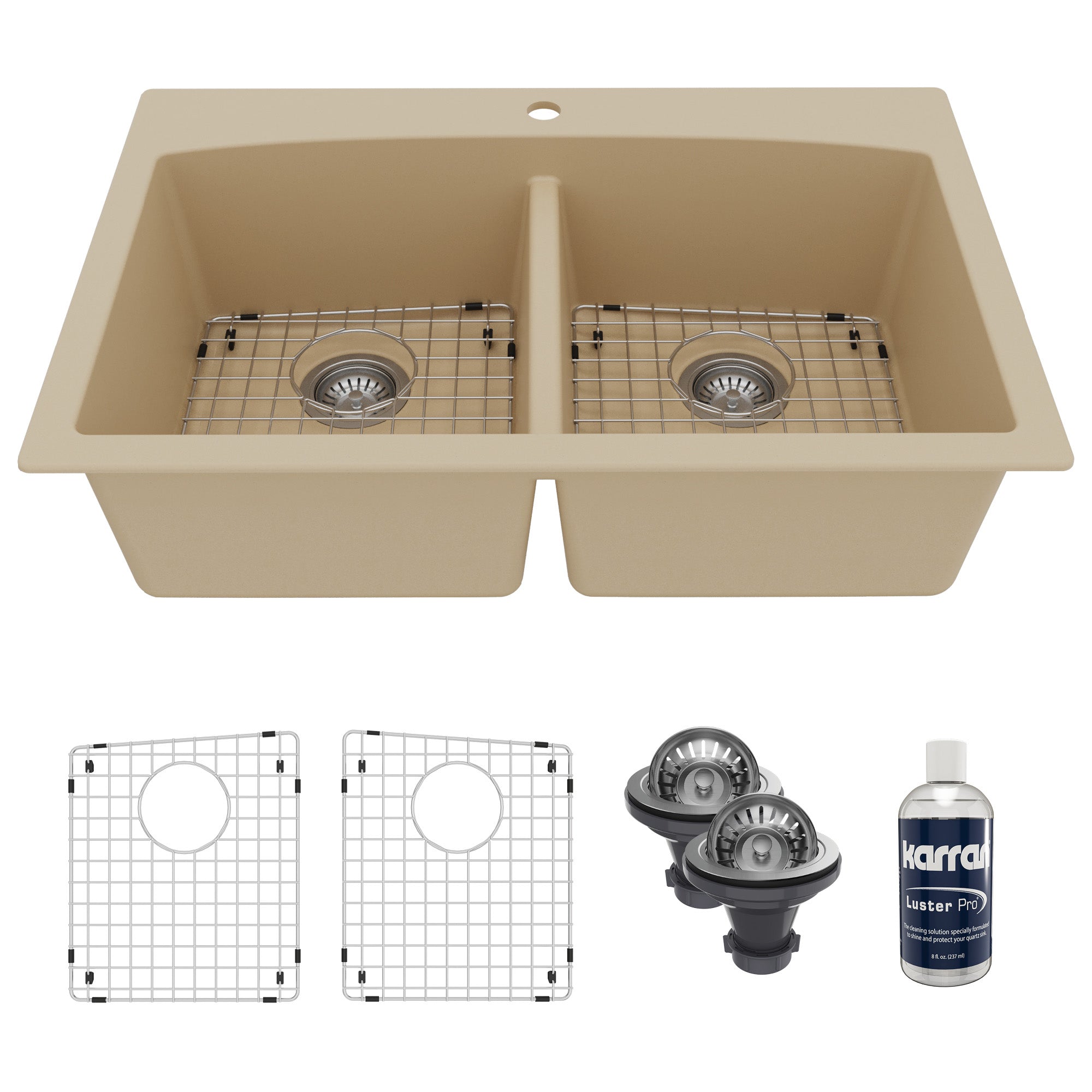 33" Top Mount Double Equal Bowl Quartz Composite Kitchen Sink Kit In Bisque