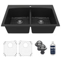 33" Top Mount Double Equal Bowl Quartz Composite Kitchen Sink Kit In Black