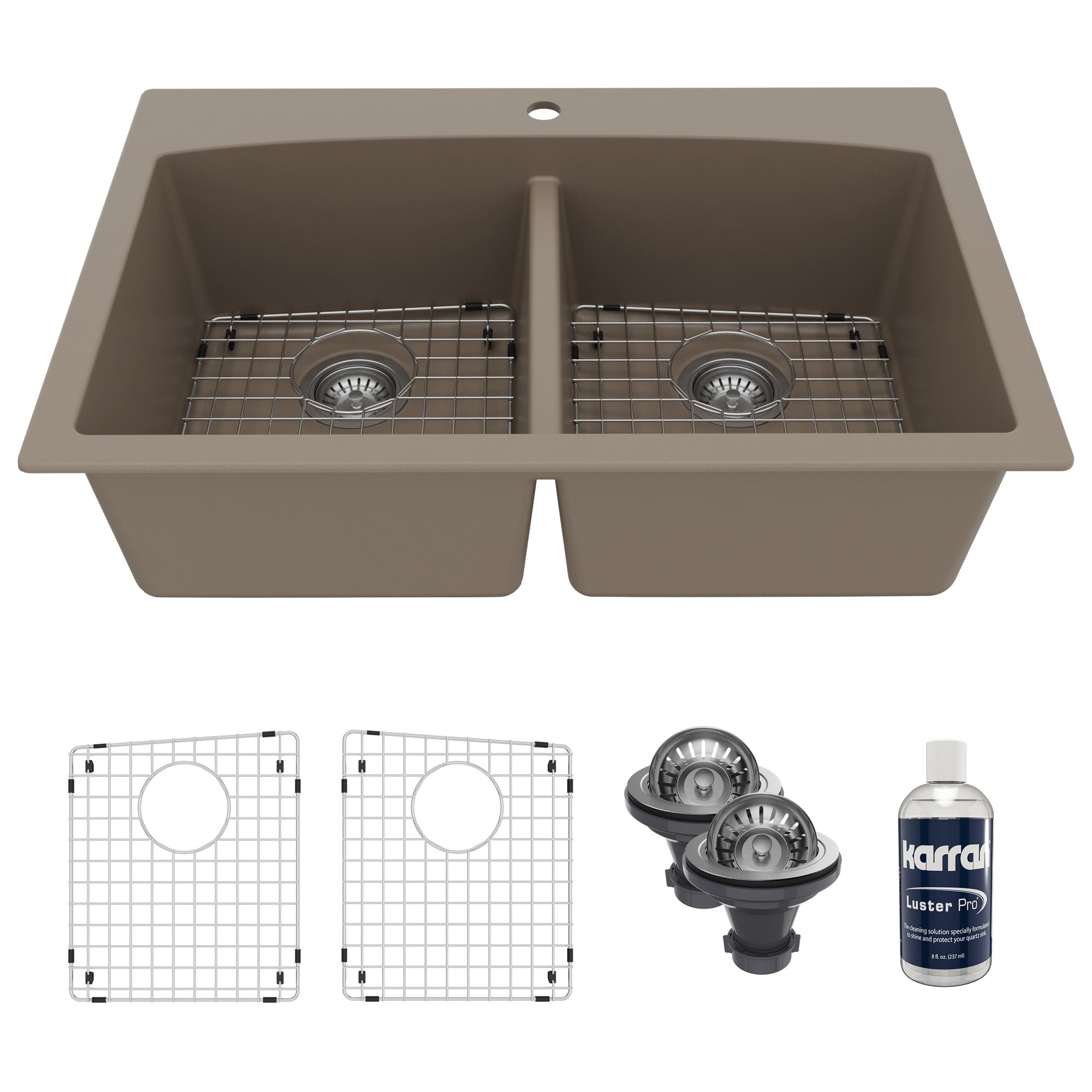 33" Top Mount Double Equal Bowl Quartz Composite Kitchen Sink Kit In Concrete