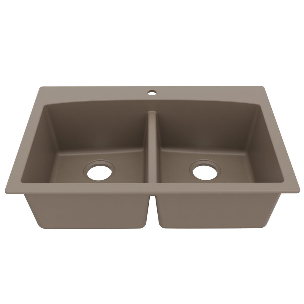 33" Top Mount Double Equal Bowl Quartz Composite Kitchen Sink In Concrete