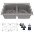 33" Top Mount Double Equal Bowl Quartz Composite Kitchen Sink Kit In Grey