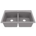 33" Top Mount Double Equal Bowl Quartz Composite Kitchen Sink In Grey