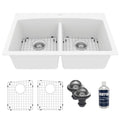33" Top Mount Double Equal Bowl Quartz Composite Kitchen Sink Kit In White