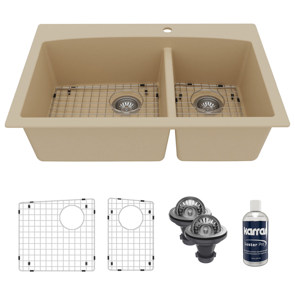 33" Top Mount Double Offset Bowl Quartz Composite Kitchen Sink Kit In Bisque