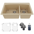 33" Top Mount Double Offset Bowl Quartz Composite Kitchen Sink Kit In Bisque