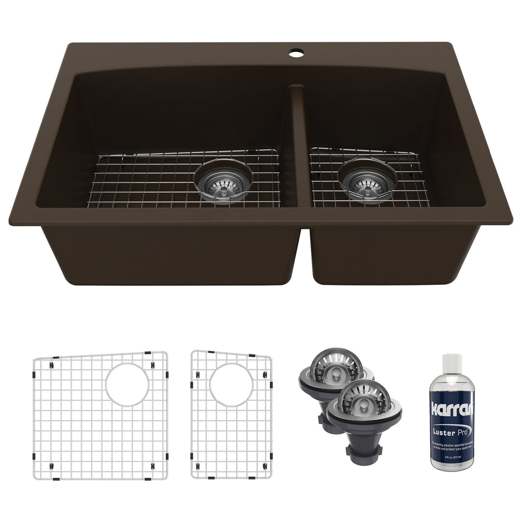 33" Top MountDouble Offset Bowl Quartz Composite Kitchen Sink Kit In Brown