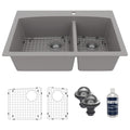 33" Top Mount Double Offset Bowl Quartz Composite Kitchen Sink Kit In Grey