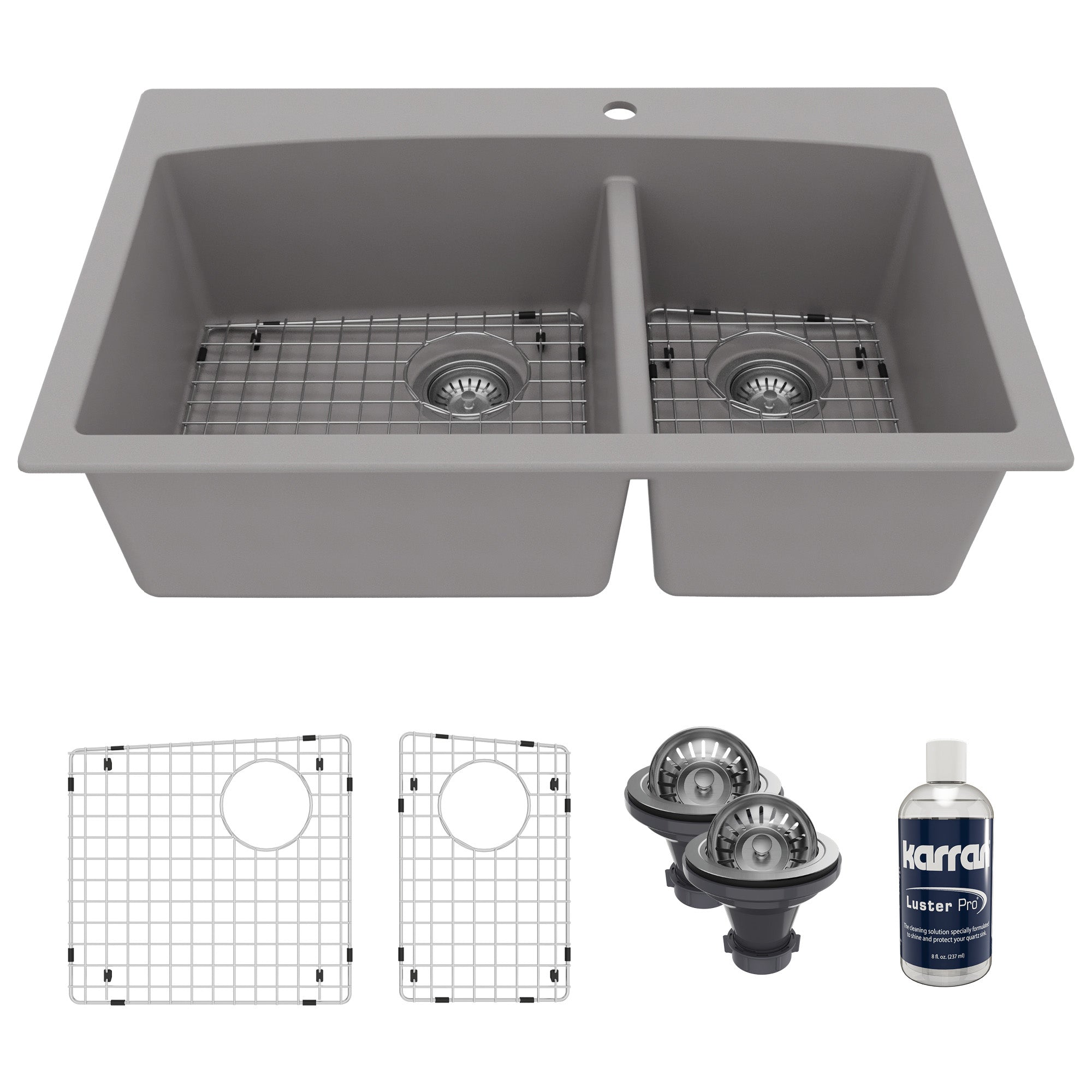 33" Top Mount Double Offset Bowl Quartz Composite Kitchen Sink Kit In Grey