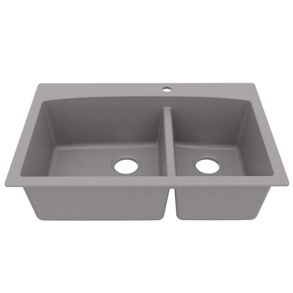 33" Top Mount Double Offset Bowl Quartz Composite Kitchen Sink In Grey