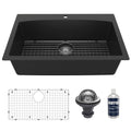 33" Top Mount Large Single Bowl Quartz Composite Kitchen Sink Kit In Black