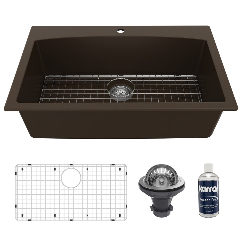 33" Top Mount Large Single Bowl Quartz Composite Kitchen Sink Kit In Brown