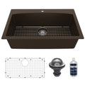 33" Top Mount Large Single Bowl Quartz Composite Kitchen Sink Kit In Brown