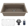 33" Top Mount Large Single Bowl Quartz Composite Kitchen Sink Kit Concrete
