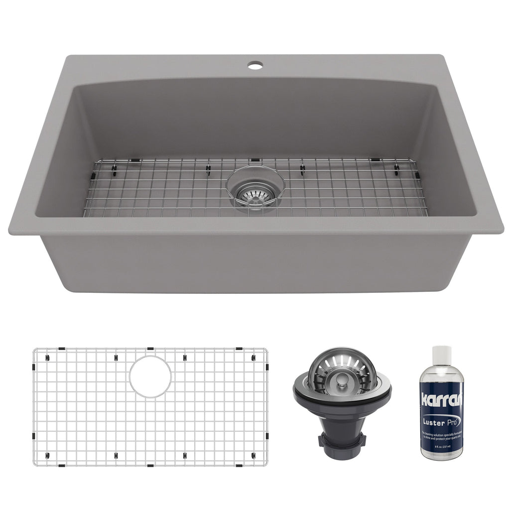 33" Top Mount Large Single Bowl Quartz Composite Kitchen Sink Kit Grey