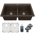 33" Top Mount Double Equal Bowl Quartz Composite Kitchen Sink Kit In Brown