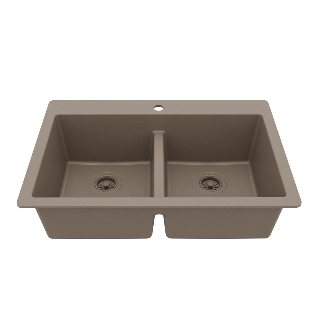 33" Top Mount Double Bowl Quartz Composite Kitchen Sink In Concrete