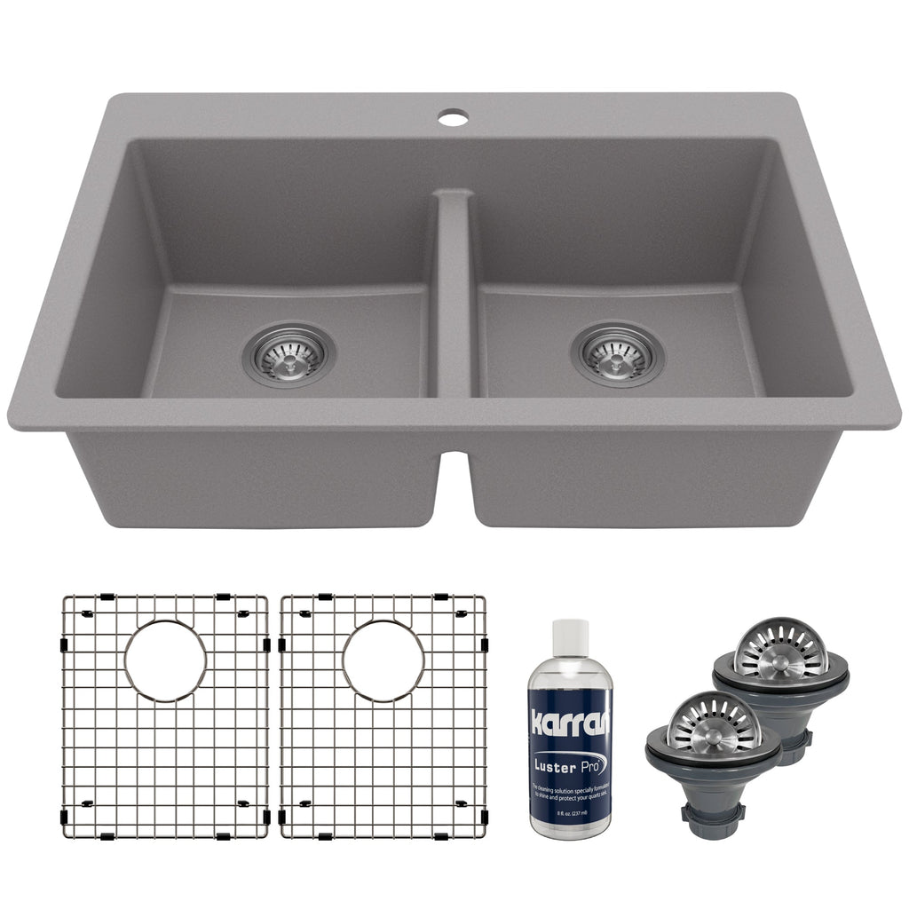 33" Top Mount Double Equal Bowl Quartz Composite Kitchen Sink Kit In Grey