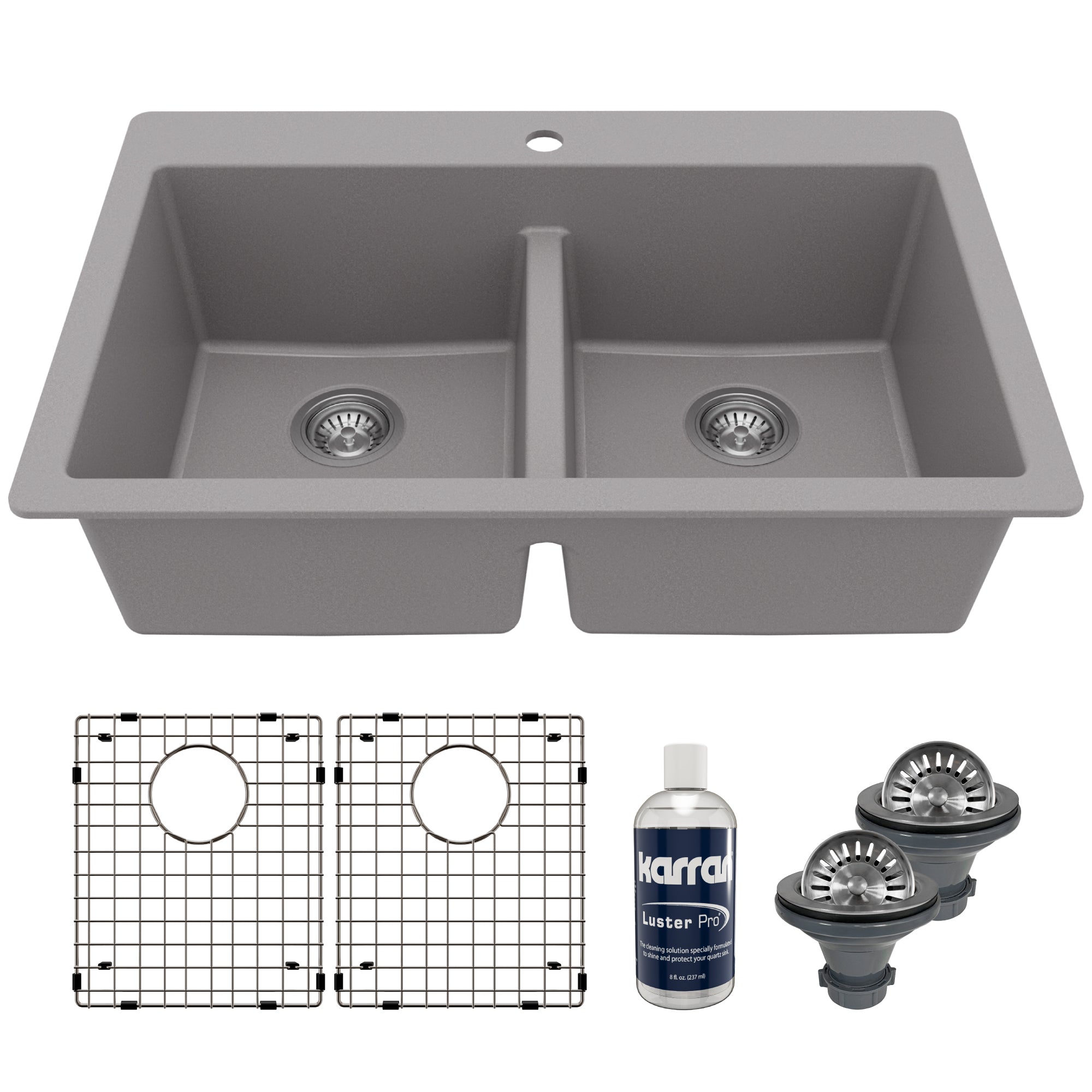 33" Top Mount Double Equal Bowl Quartz Composite Kitchen Sink Kit In Grey