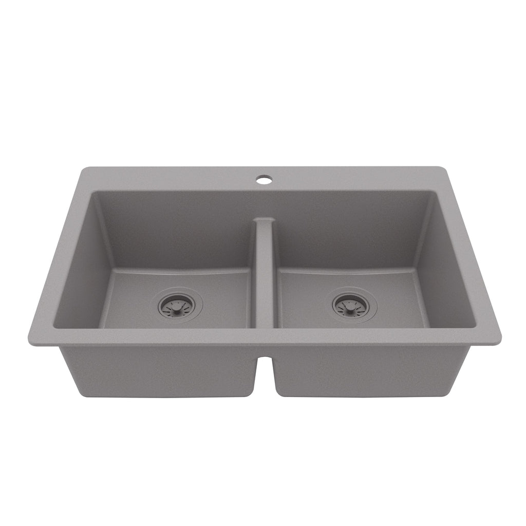 33" Top Mount Double Bowl Quartz Composite Kitchen Sink In Grey