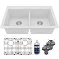 33" Top Mount Double Equal Bowl Quartz Composite Kitchen Sink Kit In White