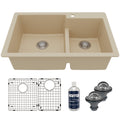 33" Top Mount Double Offset Bowl Quartz Composite Kitchen Sink Kit In Bisque