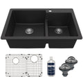 33" Top Mount Double Offset Bowl Quartz Composite Kitchen Sink Kit In Black