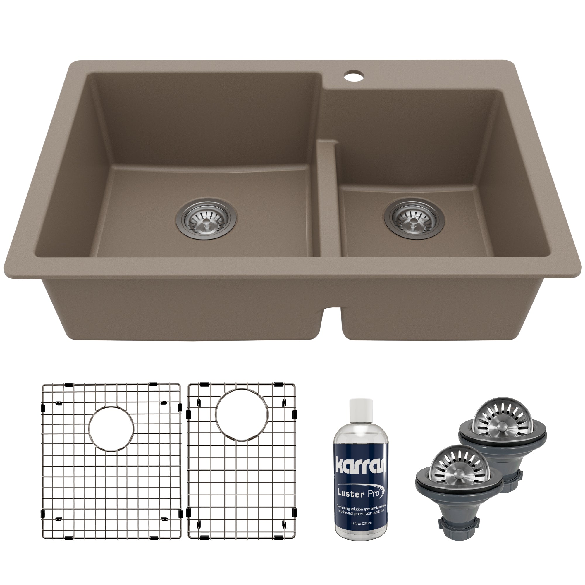 33" Top Mount Double Offset Bowl Quartz Composite Kitchen Sink Kit In Concrete