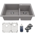 33" Top Mount Double Offset Bowl Quartz Composite Kitchen Sink Kit In Grey
