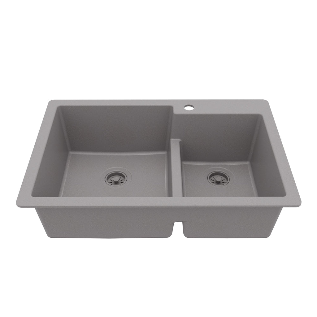 33" Top Mount Double Offset Bowl Quartz Composite Kitchen Sink In Grey