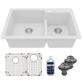 33" Top Mount Double Offset Bowl Quartz Composite Kitchen Sink Kit In White