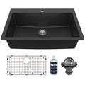 33" Top Mount Large Single Bowl Quartz Composite Kitchen Sink Kit In Black