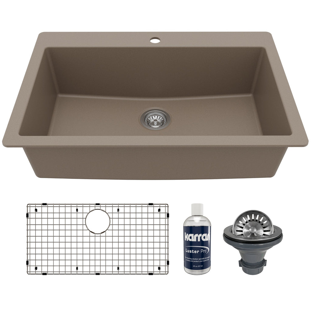 33" Top Mount Large Single Bowl Quartz Composite Kitchen Sink Kit In Concrete