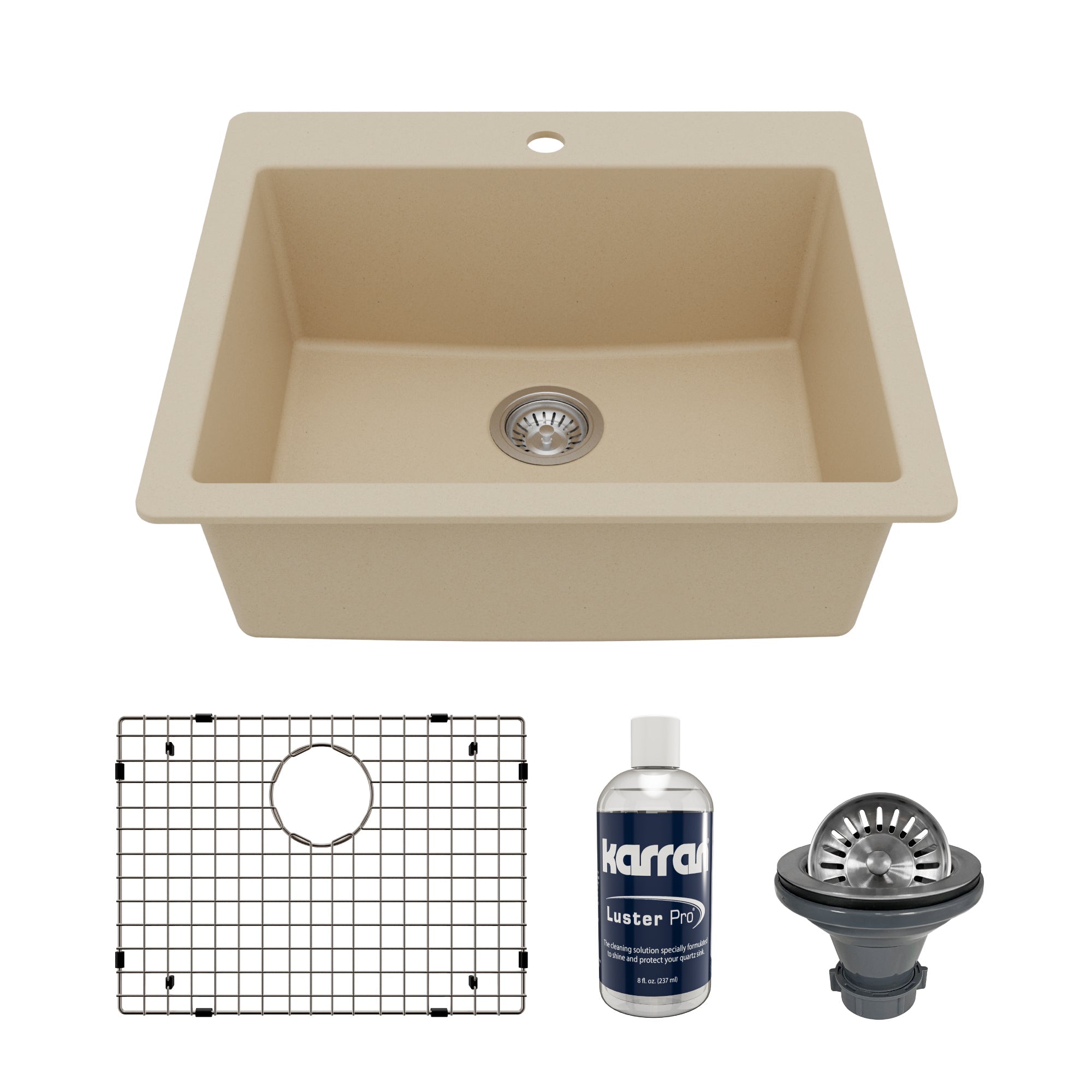 25" Top Mount Single Bowl Quartz Composite Kitchen Sink Kit In Bisque