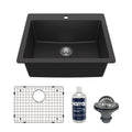 25" Top Mount Single Bowl Quartz Composite Kitchen Sink Kit In Black
