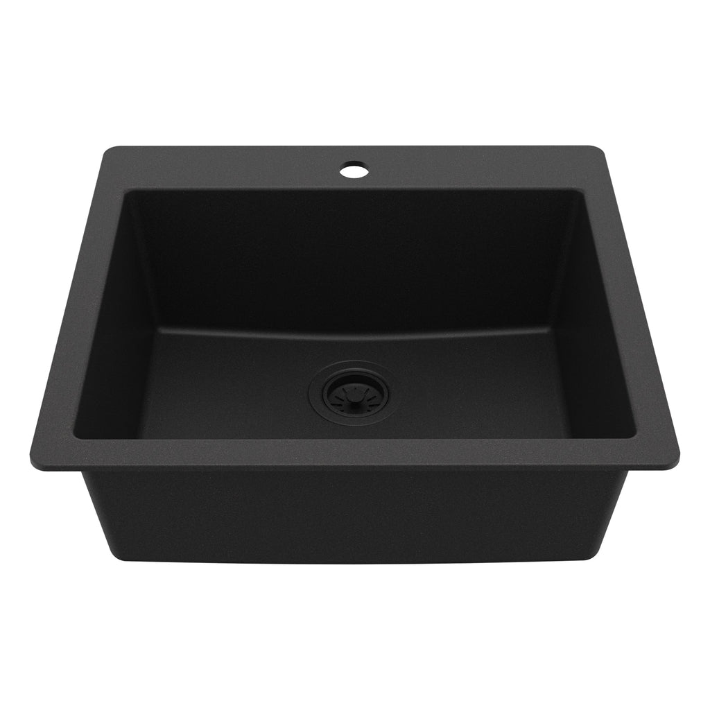 25" Top Mount Single Bowl Quartz Composite Kitchen Sink In Black
