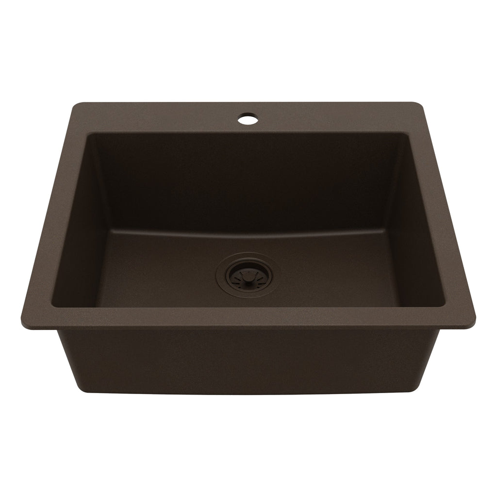 25" Top Mount Single Bowl Quartz Composite Kitchen Sink In Brown