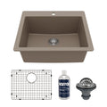 25" Top Mount Single Bowl Quartz Composite Kitchen Sink Kit In Concrete