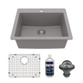 25" Top Mount Single Bowl Quartz Composite Kitchen Sink Kit In Grey