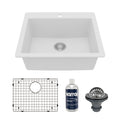 25" Top Mount Single Bowl Quartz Composite Kitchen Sink Kit In White