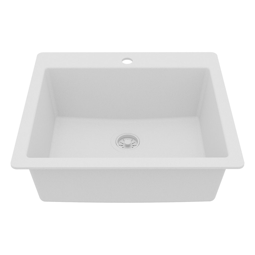 25" Top Mount Single Bowl Quartz Composite Kitchen Sink In White